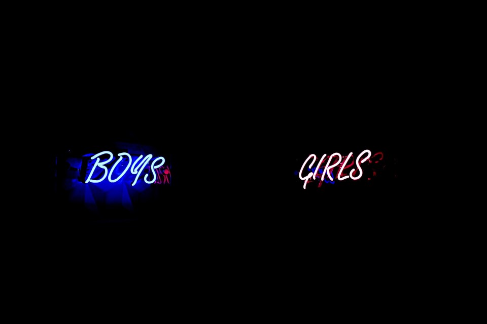 Neonlichter mit der Schrift "BOYS" in blau und "GIRLS" in pink auf dunklem Hintergrund