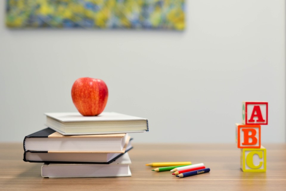 Bücher, Stifte und Buchstabenklötze auf einem Holztisch. Auf den Büchern liegt ein Apfel.