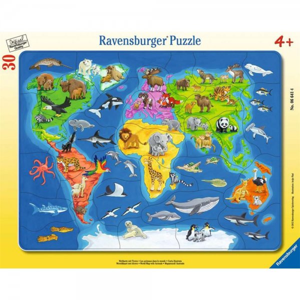 Ravensburger Rahmenpuzzle 30 Teile Weltkarte mit Tieren Kinderpuzzle geeignet ab 4 Jahren