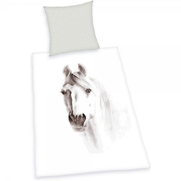 Herding Pferd Bettwäsche 80x80+135x200 cm weiß Bettbezug Kissenbezug Baumwolle atmungsaktiv