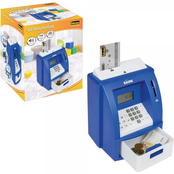 Idena Digitale Spardose Geldautomat Blau mit Sound LCD-Display Münzzähler Kreditkarte
