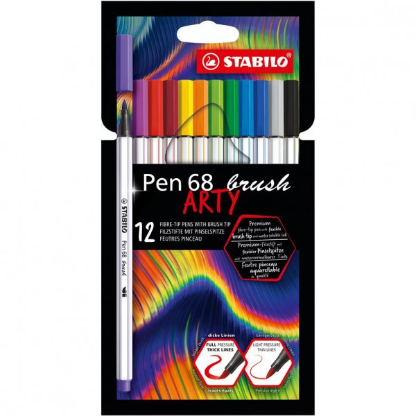 Premium-Filzstift mit Pinselspitze für variable Strichstärken - STABILO Pen 68 brush - ARTY - 12er Pack - mit 12 verschiedenen Farben