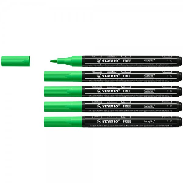 Acrylmarker - STABILO FREE Acrylic - T100 Rundspitze 1-2mm - 5er Pack - laubgrün