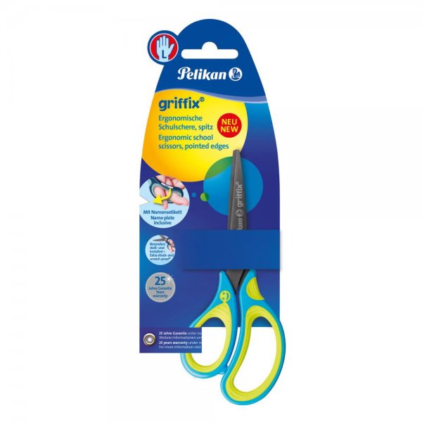 Pelikan Schere Griffix® SC1BLS spitz Blau für Linkshänder mit Namensschild Blister Schulschere