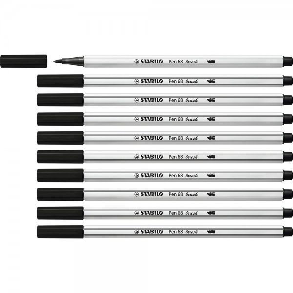 Premium-Filzstift mit Pinselspitze für variable Strichstärken - STABILO Pen 68 brush - 10er Pack - schwarz