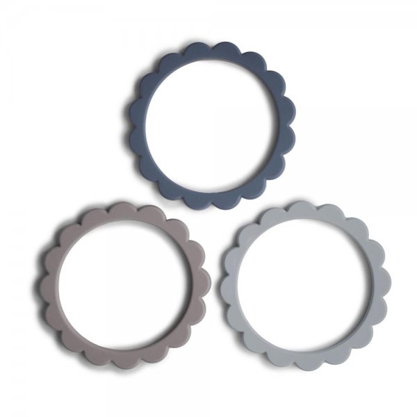 Mushie Blumen Beißring Armband 3er Set Grau Blau Silikon BPA-frei Zahnungsarmband Zahnungshilfe