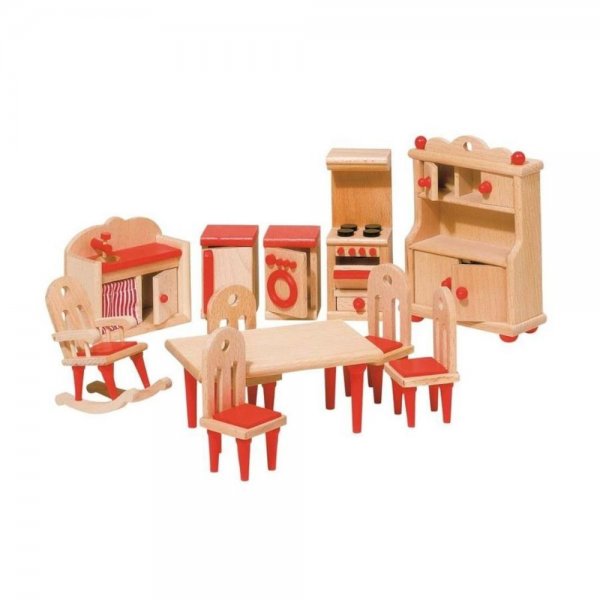 Goki Puppenmöbel Küche Set 11 teilig Holz Tisch Stühle Herd für Puppenhaus