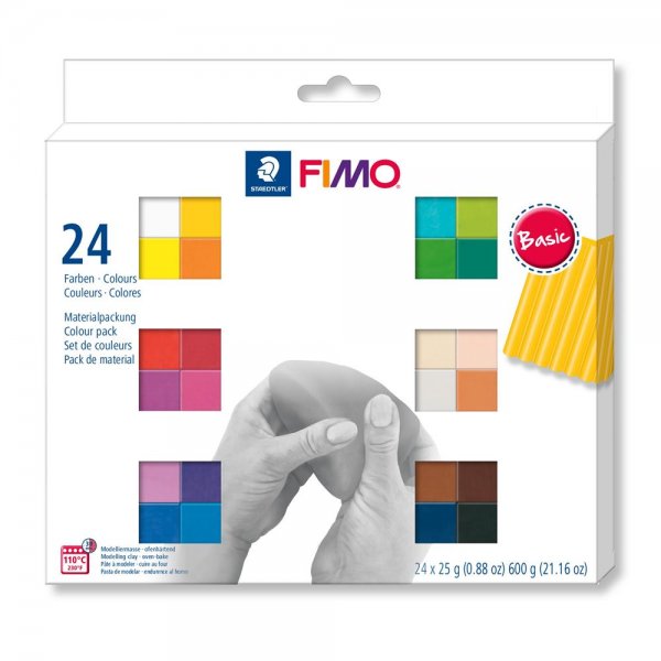 STAEDTLER FIMO soft ofenhärtende Modelliermasse Kartonetui mit 24 Basic-Farben, 24 Halbblöcke à 25 g