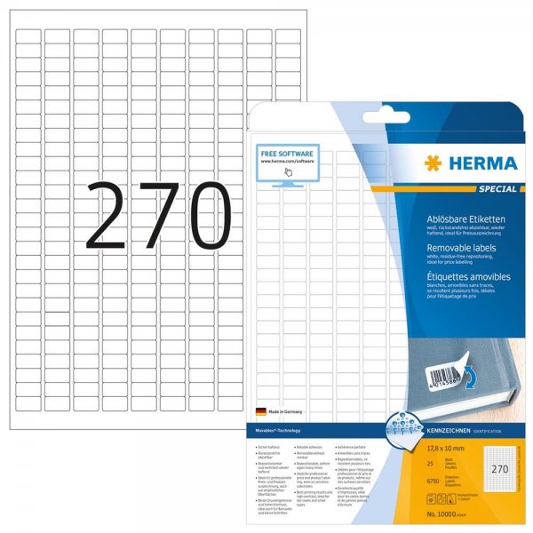 HERMA 10000 Universal Etiketten DIN A4 ablösbar 17,8 x 10 mm 25 Blatt weiß