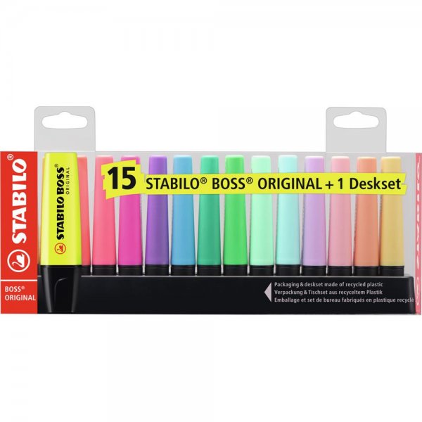 Textmarker - STABILO BOSS ORIGINAL - 15er Tischset - 9 Leuchtfarben, 6 Pastellfarben