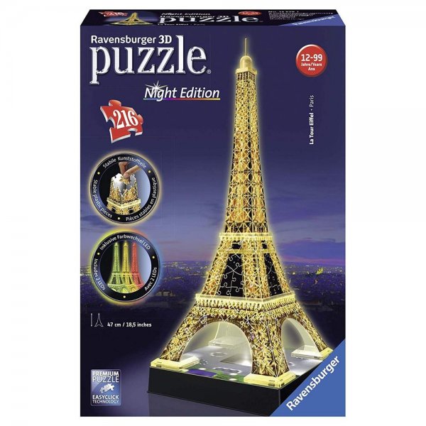 Ravensburger 12579 - Eiffelturm bei Nacht - 216 Teile 3D Puzzle Paris Dekoration