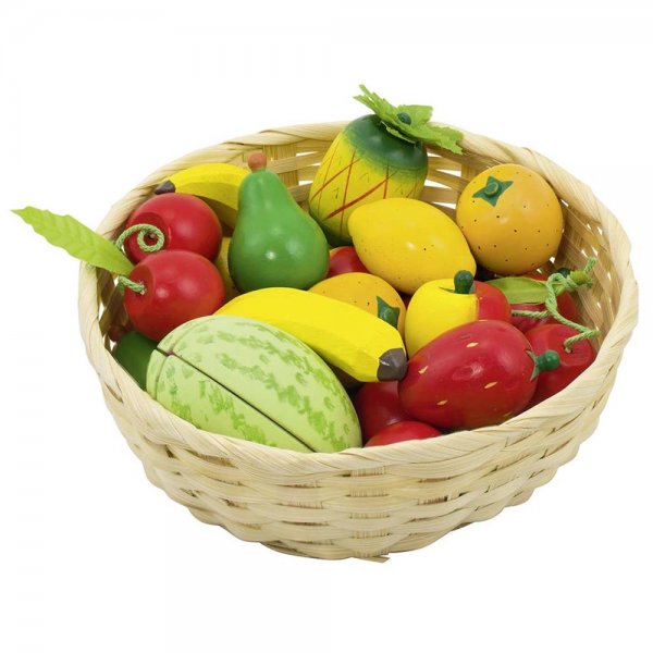 Obst im KorbKorb= Ø 21 cm, Holz, Kaufmannsladen, Lebensmittel, Spielzeug, NEU