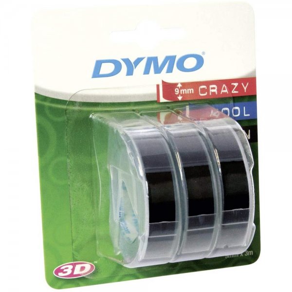 Dymo 3D Prägeband 9mm x 3m Rolle selbstklebend 3er Pack weißer Druck auf schwarzem Untergrund