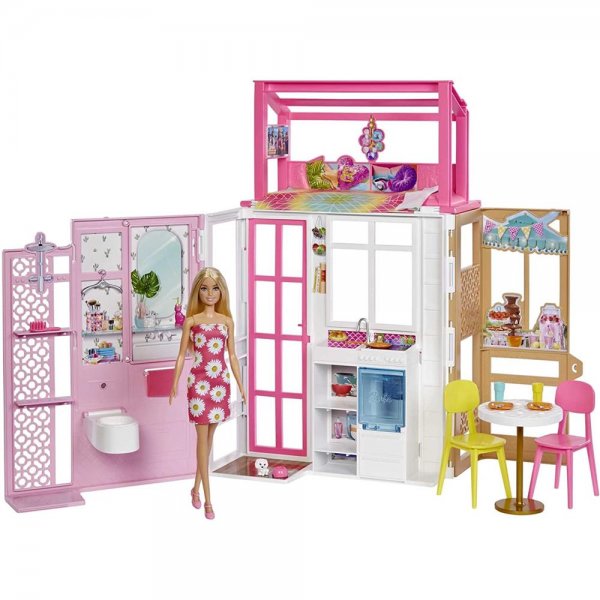 Mattel Barbie Haus und Puppe Puppenhaus-Spielset mit 2 Ebenen komplett eingerichtet