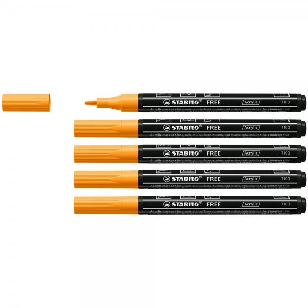 Acrylmarker - STABILO FREE Acrylic - T100 Rundspitze 1-2mm - 5er Pack -orange