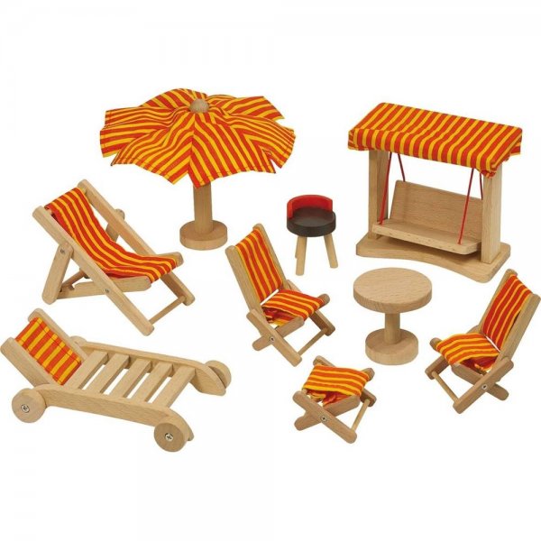 Goki 51913 - Gartenmöbel, 9-teilig, Puppenhausmöbel Spielzeug Holzspielzeug NEU