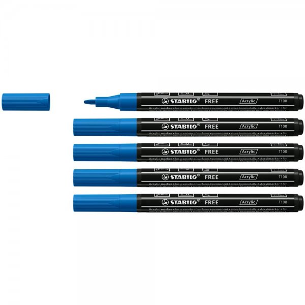 Acrylmarker - STABILO FREE Acrylic - T100 Rundspitze 1-2mm - 5er Pack - dunkelblau