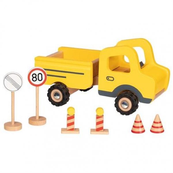 Goki Baustellenfahrzeug mit Verkehrsschildern 7 teilig Holz Spielzeugauto Holzauto Holzspielzeug