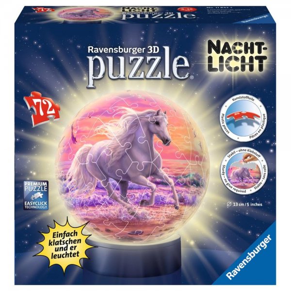 Ravensburger 3D Puzzle-Ball Nachtlicht Pferde am Strand leuchtet mit Händeklatschen LED-Leuchtsockel