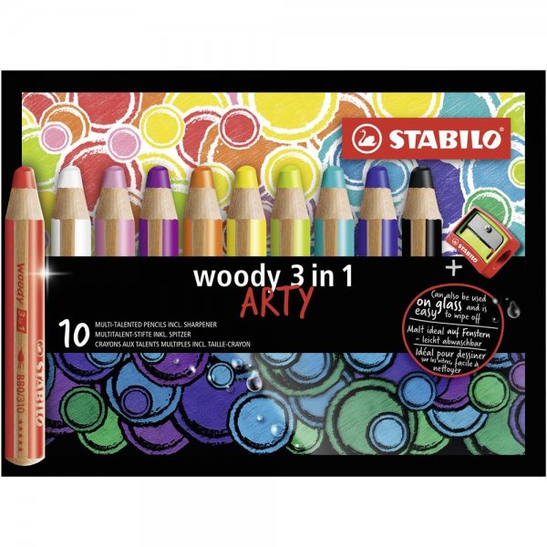 Buntstift, Wasserfarbe & Wachsmalkreide - STABILO woody 3 in 1 - ARTY - 10er Pack - mit 10 verschiedenen Farben und Spitzer