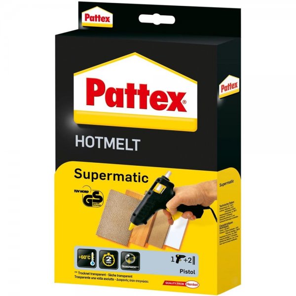 Pattex Hotmelt Supermatic Heißklebepistole / Klebepistole mit elektronischer Temperatursteuerung / Set mit Pattex Heißklebepistole + 2 Klebesticks, Ø 11 mm