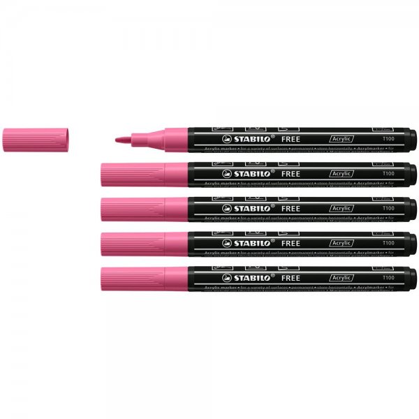 Acrylmarker - STABILO FREE Acrylic - T100 Rundspitze 1-2mm - 5er Pack - taffy pink