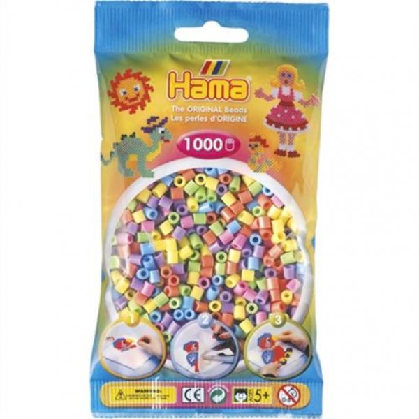 Hama 207-50 - Perlen, 1000 Stück, pastell gemischt bunt Bügelperlen Bügelplatte Stiftplatte basteln