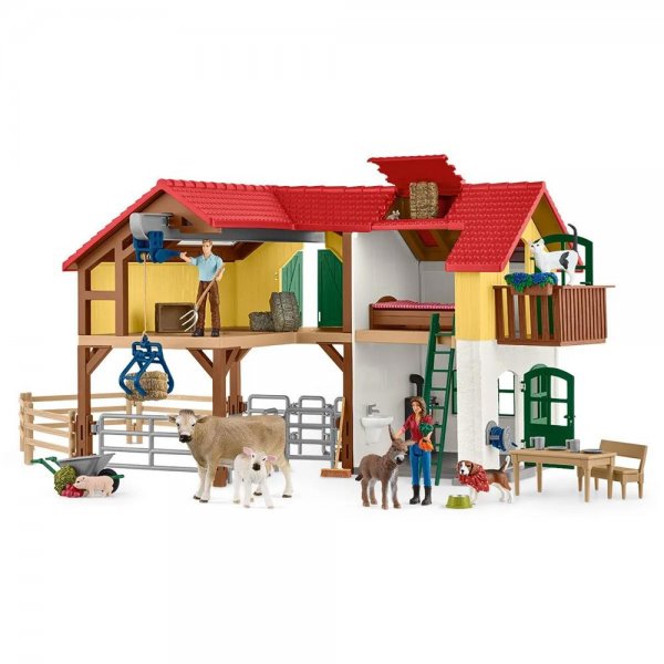 Schleich 42407 Farm World Spielset Bauernhaus mit Stall und Tieren Scheune Tierfigur Spielfigur
