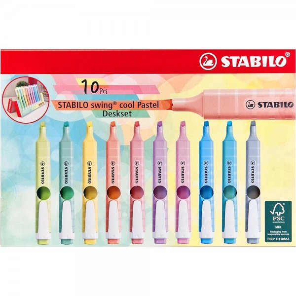 Textmarker - STABILO swing cool Pastel - 10er Tischset - 10 verschiedene Farben
