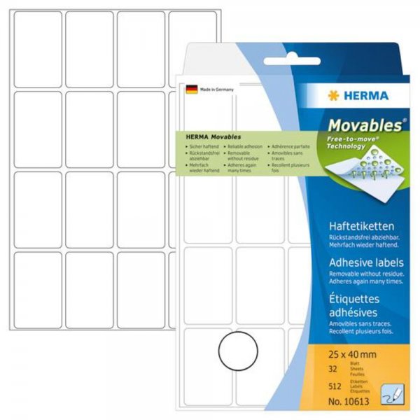 HERMA 10613 Vielzweck Etiketten 25x40mm Movables 32 Blatt pro Packung matt weiß