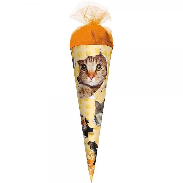 Roth Schultüte Katzenparty 35cm rund mit Tüllverschluss Orange Zuckertüte für Schulanfang