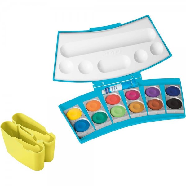 Pelikan Farbkasten ProColor® Türkis/Neongelb mit 12 Farben und Deckweiß Malkasten Schulmalfarben