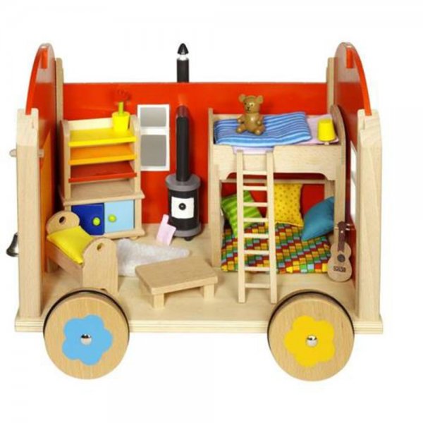 Goki Puppenbauwagen Bauwagen aus Holz mit viel Zubehör Puppenstube