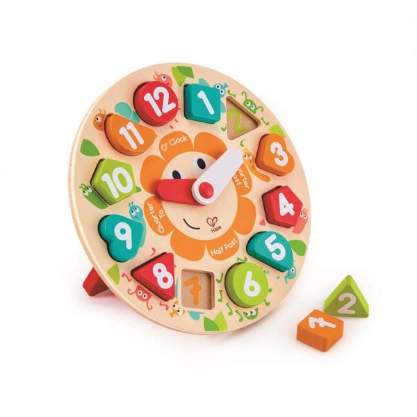 Hape Steckpuzzle Uhr Holz mehrfarbig Spieluhr Lernuhr Spielzeug Minuten Stunden Zahlen 13 teilig