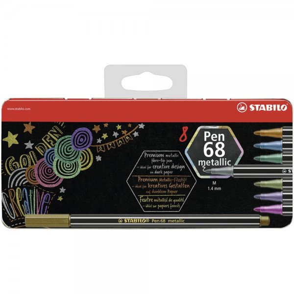 Premium Metallic-Filzstift - STABILO Pen 68 metallic - 8er Metalletui mit Hängelasche - mit 8 verschiedenen Metallic-Farben