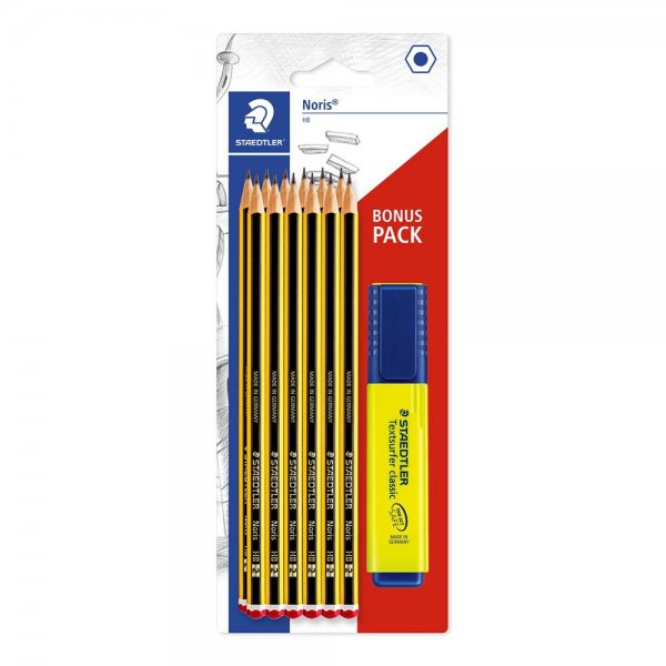 STAEDTLER Bleistift Noris 120 Blisterkarte 12 Bleistiften HB 1 Textmarker gelb