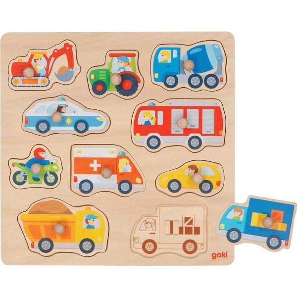 Goki Steckpuzzle Fahrzeuge 10 Teile mit Hintergrundbilder Holzpuzzle Setzpuzzle Motorikspielzeug