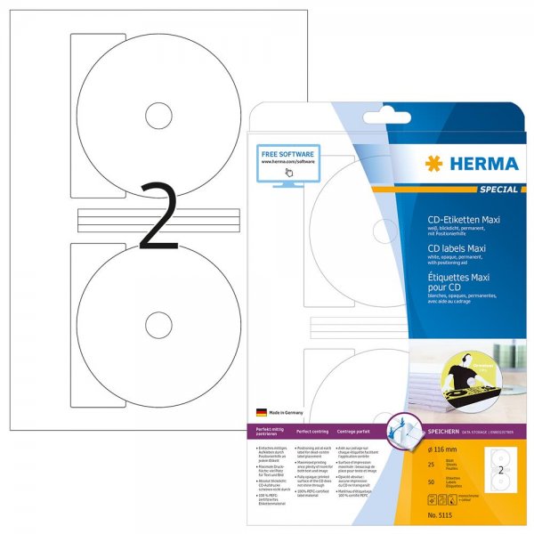 HERMA 5115 CD-/DVD-Etiketten mit Positionierhilfe CD-Aufkleber Klebeetiketten