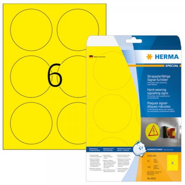 HERMA 8035 Signal Schilder A4 85mm rund 150 Stück stark haftend Folie matt gelb