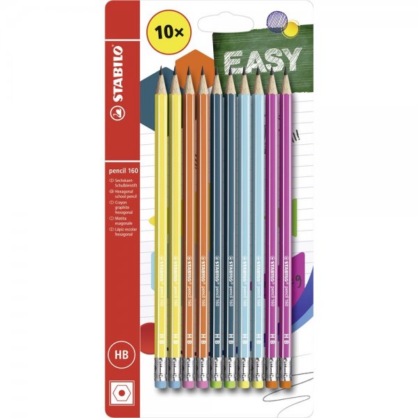 Bleistift mit Radierer - STABILO pencil 160 in 2x gelb, orange, blau, petrol, pink - Härtegrad HB - 10er Pack