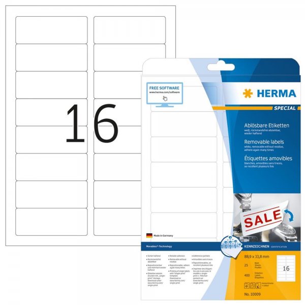 HERMA 10009 Universal Etiketten DIN A4 ablösbar 88,9 x 33,8 mm 25 Blatt weiß