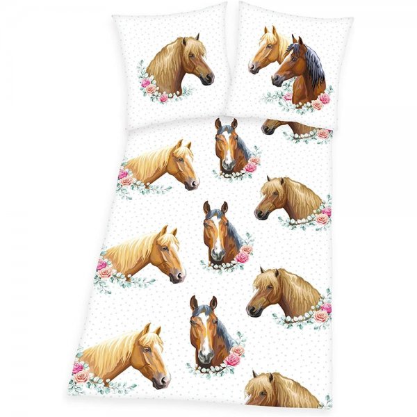 Herding Pferde Bettwäsche 80x80+135x200 cm Rosen Bettbezug Kissenbezug Baumwolle Tierliebhaber
