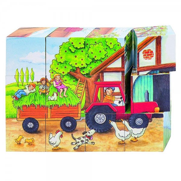 Goki 57839 - Würfelpuzzle - Jahreszeiten auf dem Bauern aus Holz 6 Motive NEU