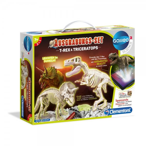 Clementoni Galileo Ausgrabungs-Set T-Rex & Triceratops Dinosaurier fluoreszierend