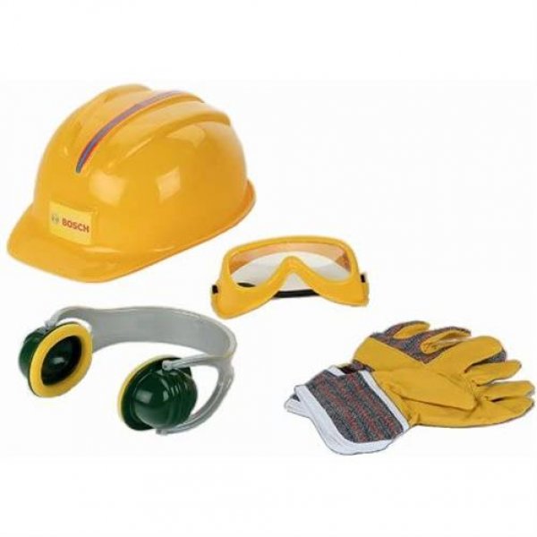 Theo Klein 8537 Bosch 4-teiliges Zubehör-Set Arbeitshandschuhe Arbeitsbrille Ohrenschützer Helm