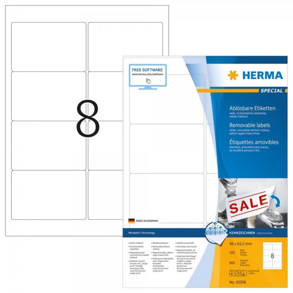 HERMA 10308 Universal Etiketten DIN A4 ablösbar 96 x 63,5 mm 100 Blatt weiß