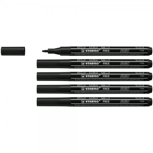 Acrylmarker - STABILO FREE Acrylic - T100 Rundspitze 1-2mm - 5er Pack - schwarz