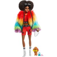 Mattel Barbie Extra Puppe 30 cm mit Regenbogen-Mantel Afro Zöpfe Hund Modepup...