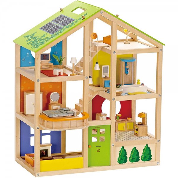 Hape E3401 Vier-Jahreszeiten Haus Puppenhaus mit Zubehör Möbel Holzspielzeug