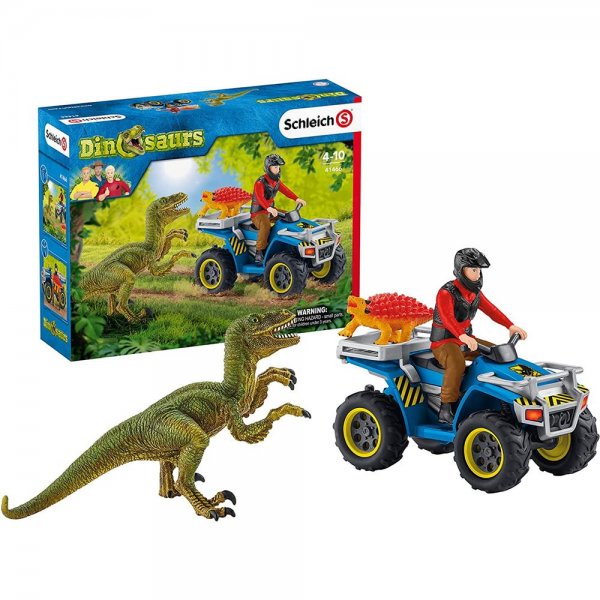 Schleich 41466 Dinosaurs Spielset - Flucht auf Quad vor Velociraptor Kinderspielzeug Dinofigur Set